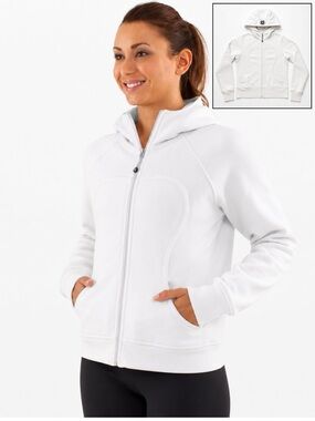 Vintage Lululemon Scuba Full Zip Hoodie White with Black Fuzzy Logo on Hood